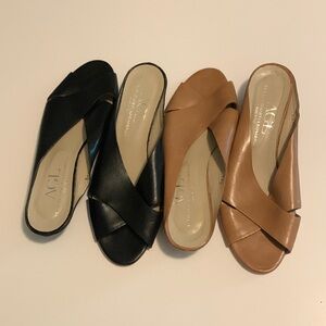 TWO PAIRS Attilio Giusti Leombruni Leather Tan / Black Crisscross Slides, Sz 7.5